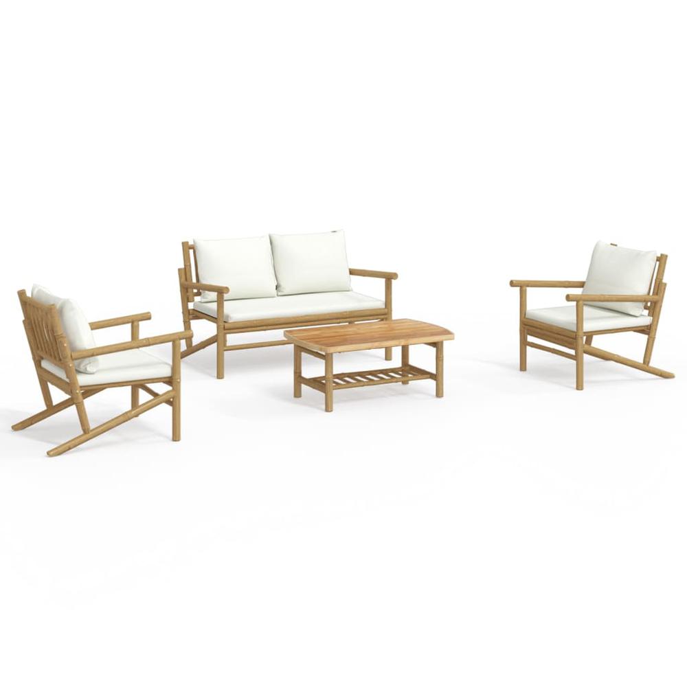 4 Piece Patio Lounge Set with Cream White Cushions Bamboo. Picture 1