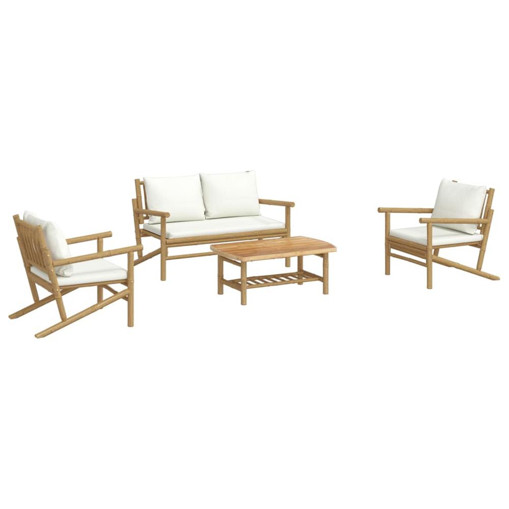 4 Piece Patio Lounge Set with Cream White Cushions Bamboo. Picture 2