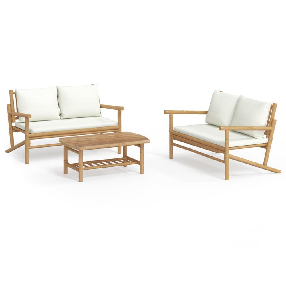 3 Piece Patio Lounge Set with Cream White Cushions Bamboo. Picture 1