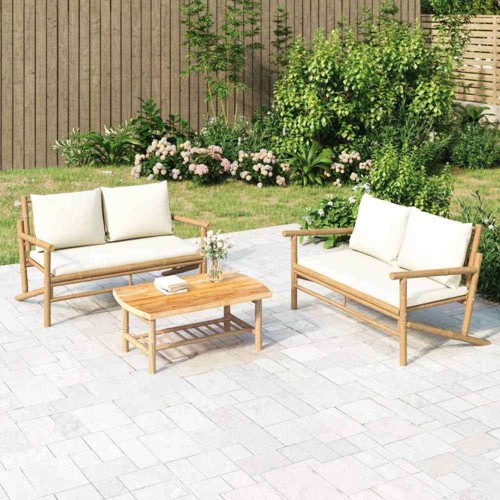 3 Piece Patio Lounge Set with Cream White Cushions Bamboo. Picture 9