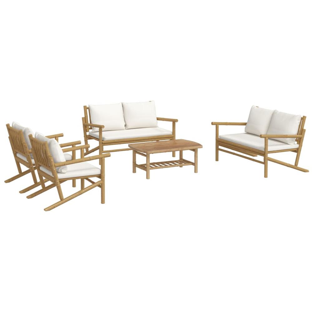 5 Piece Patio Lounge Set with Cream White Cushions Bamboo. Picture 2