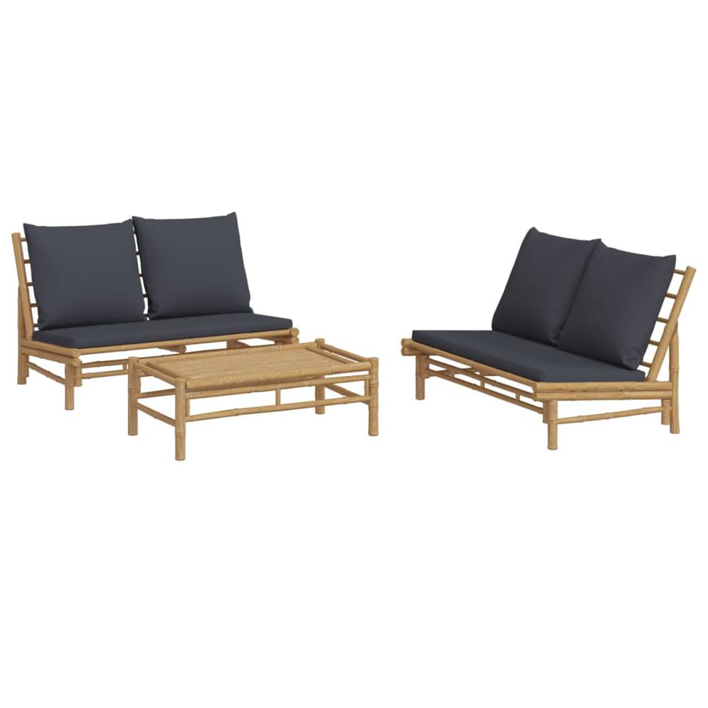 3 Piece Patio Lounge Set with Dark Gray Cushions Bamboo. Picture 2