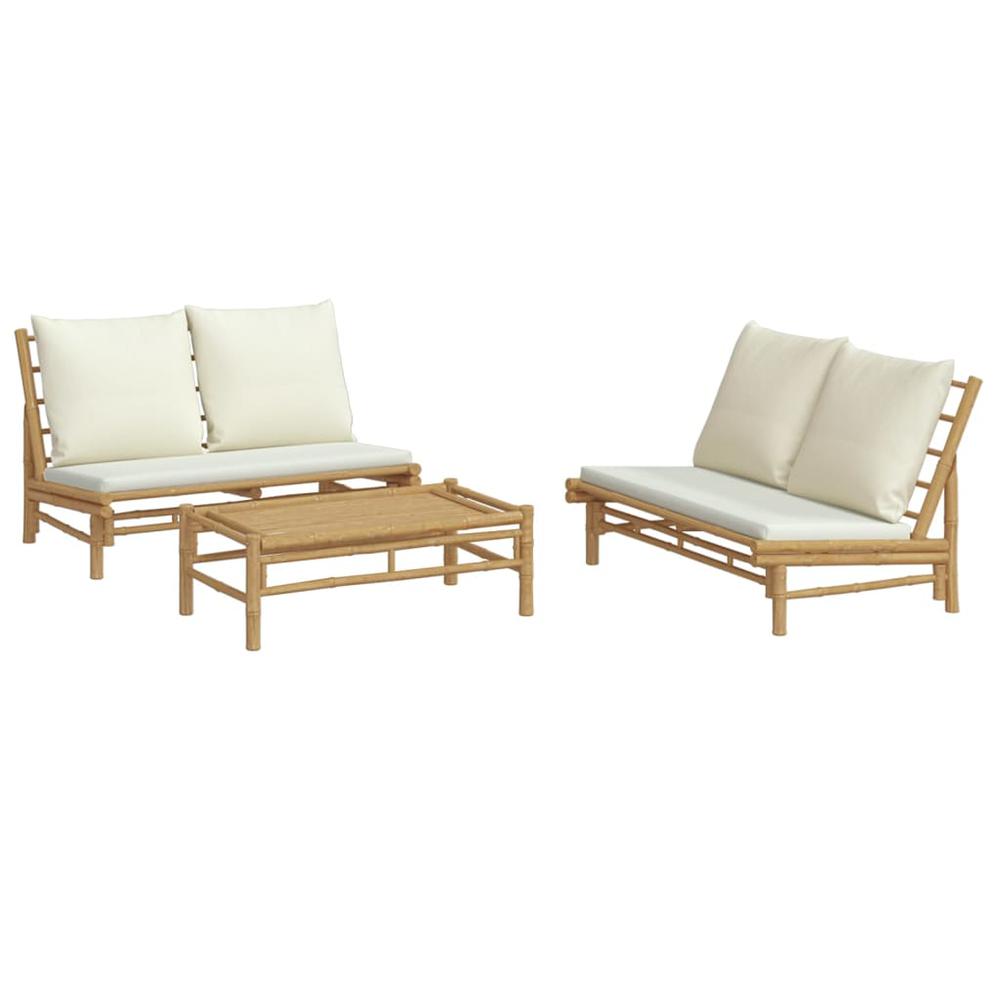 3 Piece Patio Lounge Set with Cream White Cushions Bamboo. Picture 2