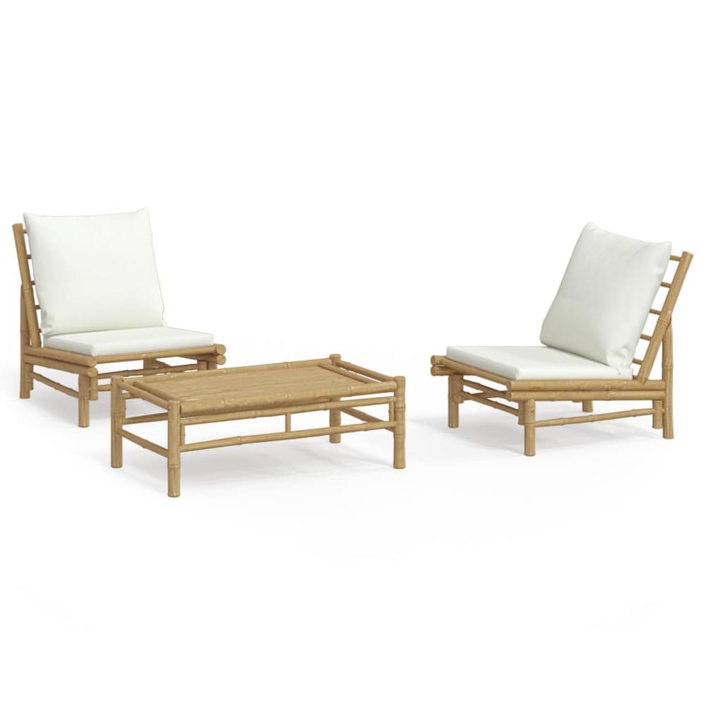 3 Piece Patio Lounge Set with Cream White Cushions Bamboo. Picture 1