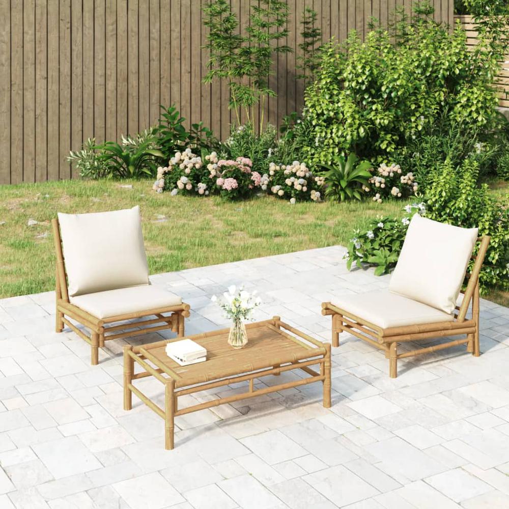 3 Piece Patio Lounge Set with Cream White Cushions Bamboo. Picture 9
