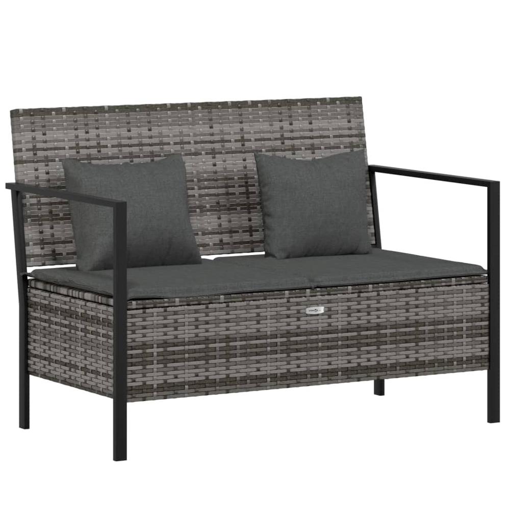 2-Seater Patio Bench with Cushions Gray Poly Rattan. Picture 1