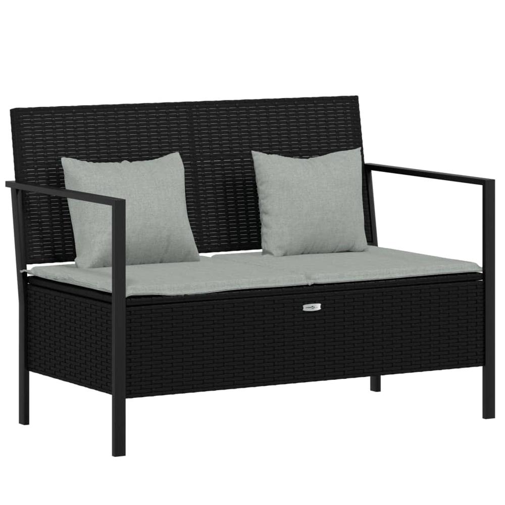 2-Seater Patio Bench with Cushions Black Poly Rattan. Picture 1
