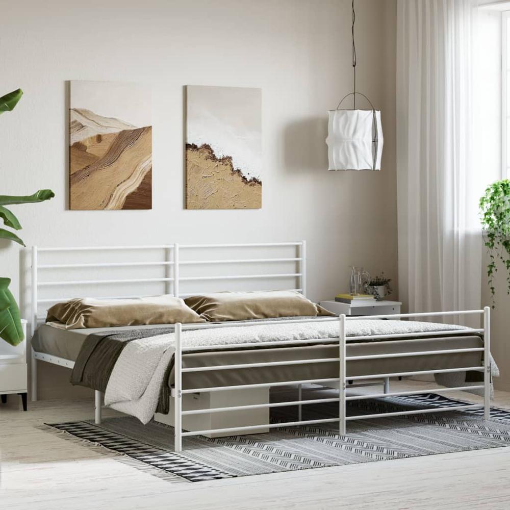 Metal Bed Frame with Headboard&Footboard White 72"x83.9" California King. Picture 2