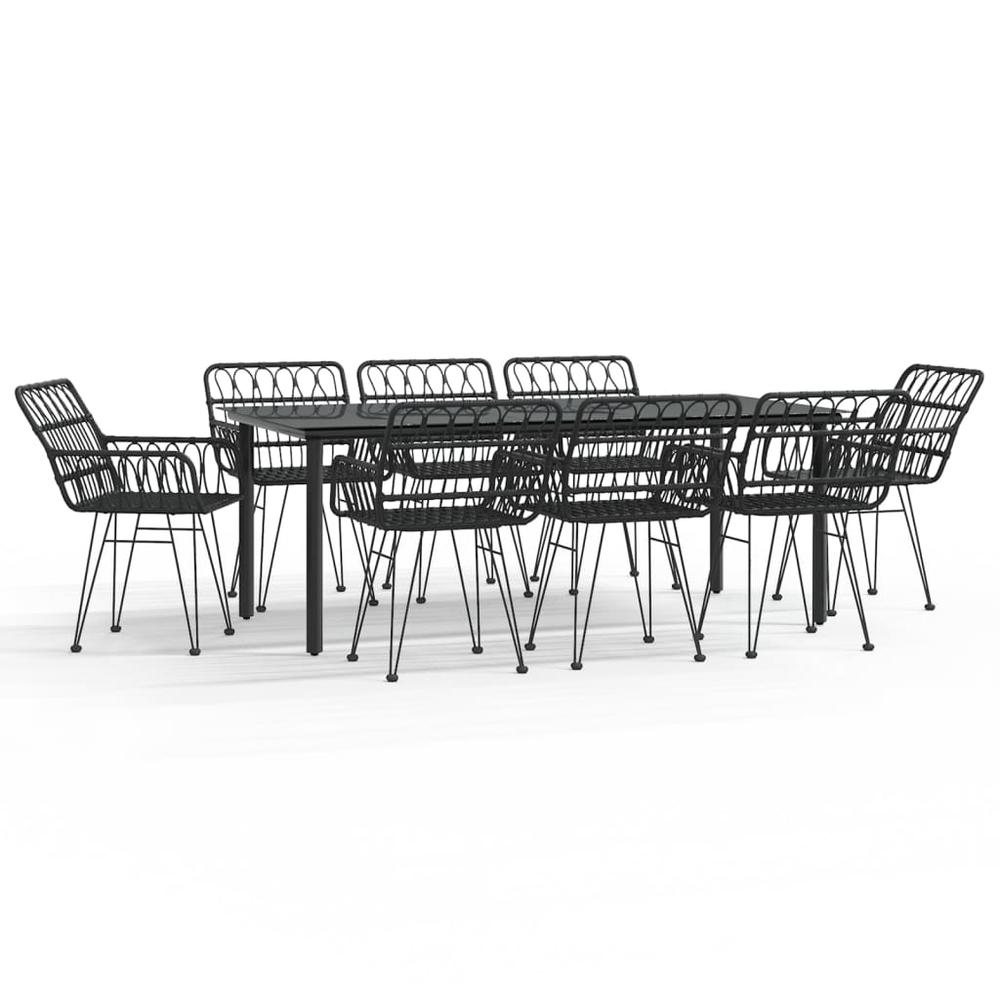 9 Piece Patio Dining Set Black Poly Rattan. Picture 1