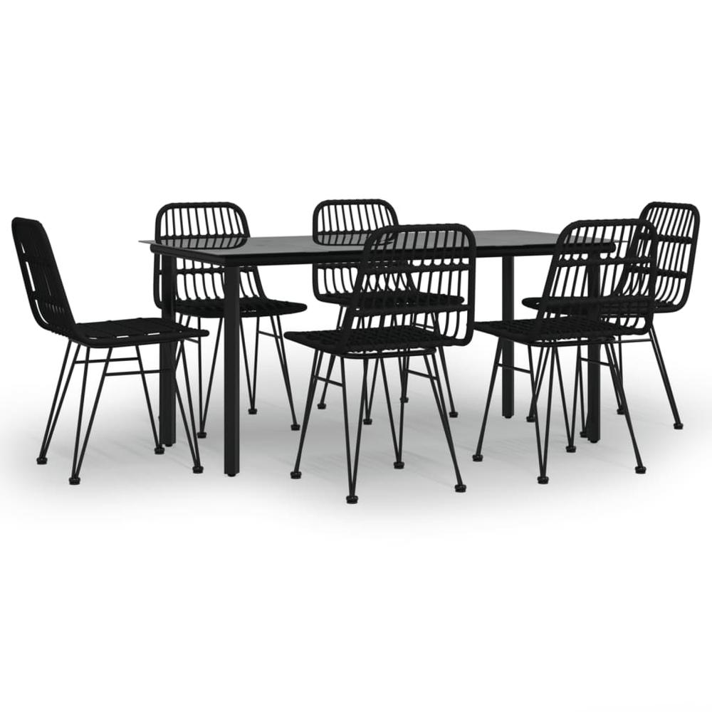 7 Piece Patio Dining Set Black Poly Rattan. Picture 1