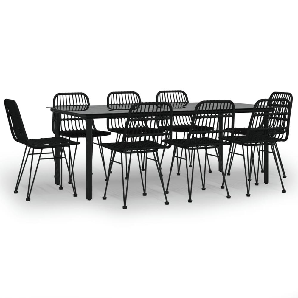 9 Piece Patio Dining Set Black Poly Rattan. Picture 1