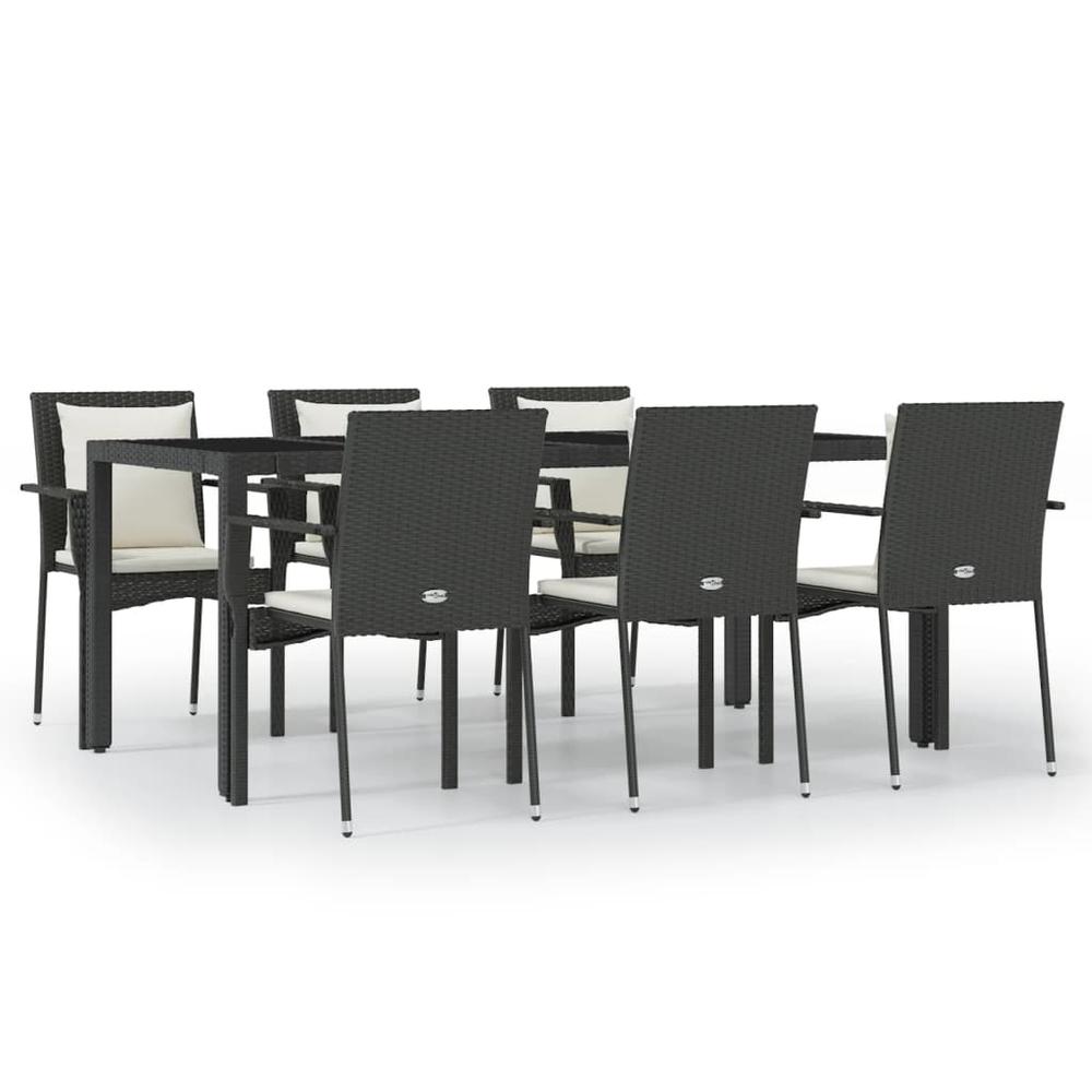 7 Piece Patio Dining Set with Cushions Black Poly Rattan. Picture 1
