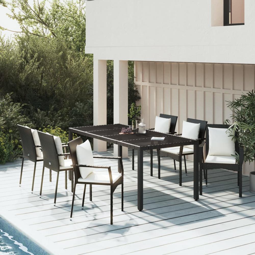 7 Piece Patio Dining Set with Cushions Black Poly Rattan. Picture 11