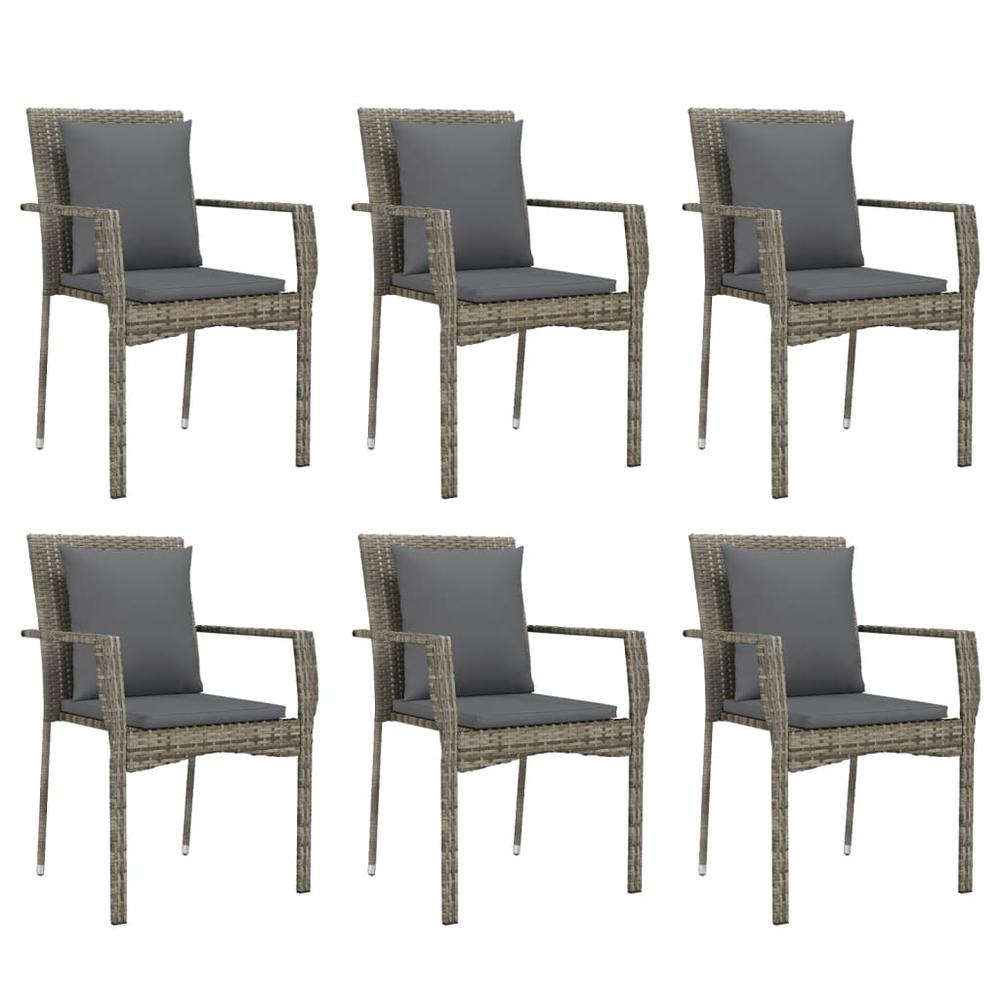 7 Piece Patio Dining Set with Cushions Gray Poly Rattan. Picture 3