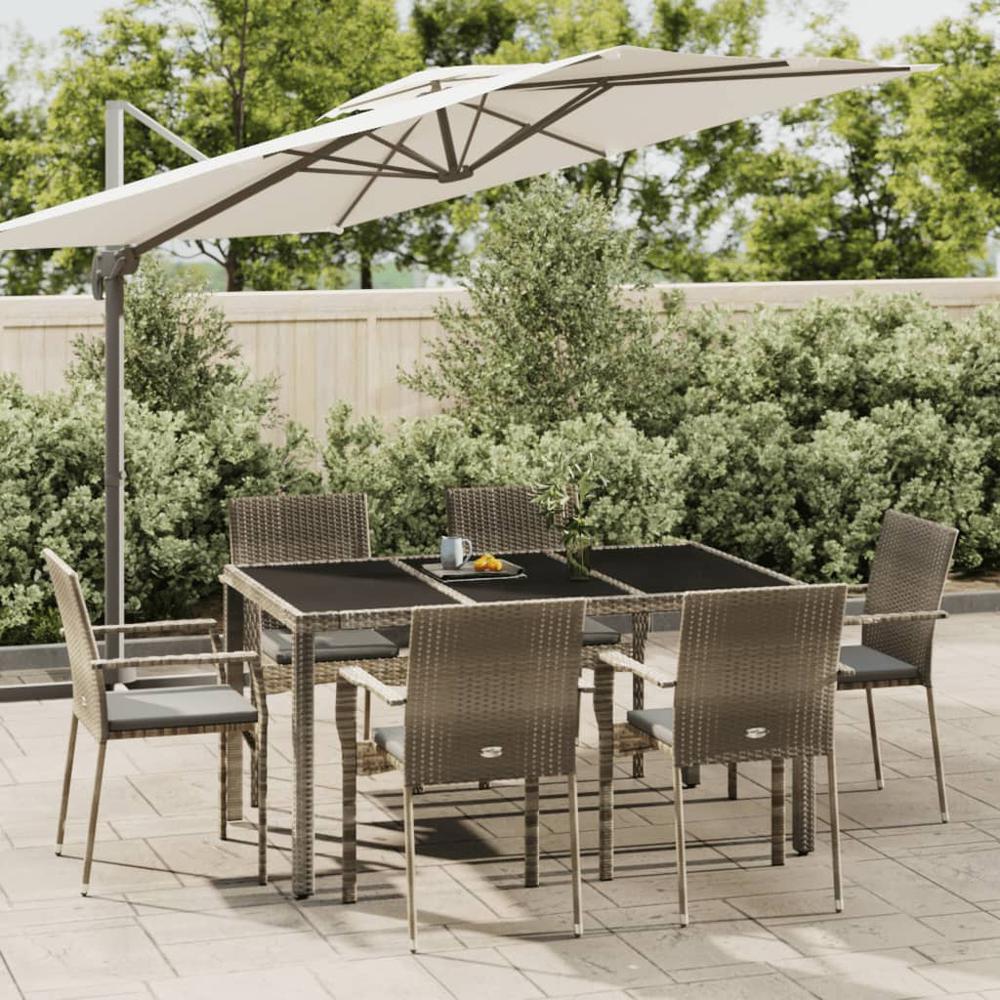 7 Piece Patio Dining Set with Cushions Gray Poly Rattan. Picture 11