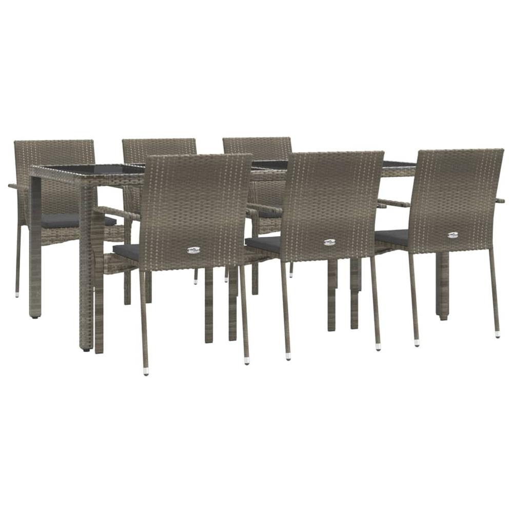 7 Piece Patio Dining Set with Cushions Gray Poly Rattan. Picture 2