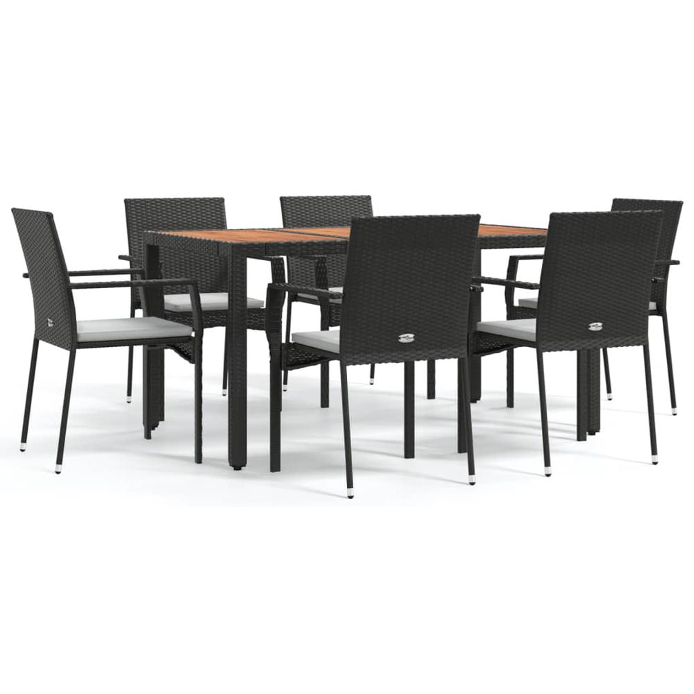 7 Piece Patio Dining Set with Cushions Black Poly Rattan. Picture 1