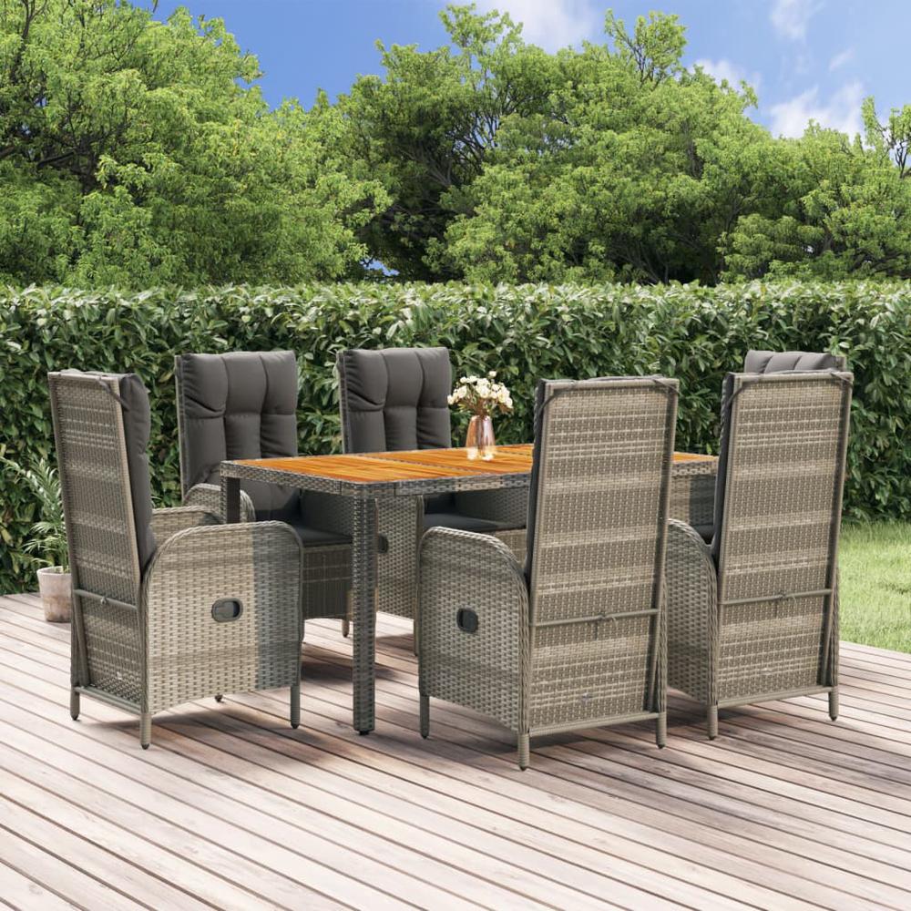 7 Piece Patio Dining Set with Cushions Gray Poly Rattan. Picture 11