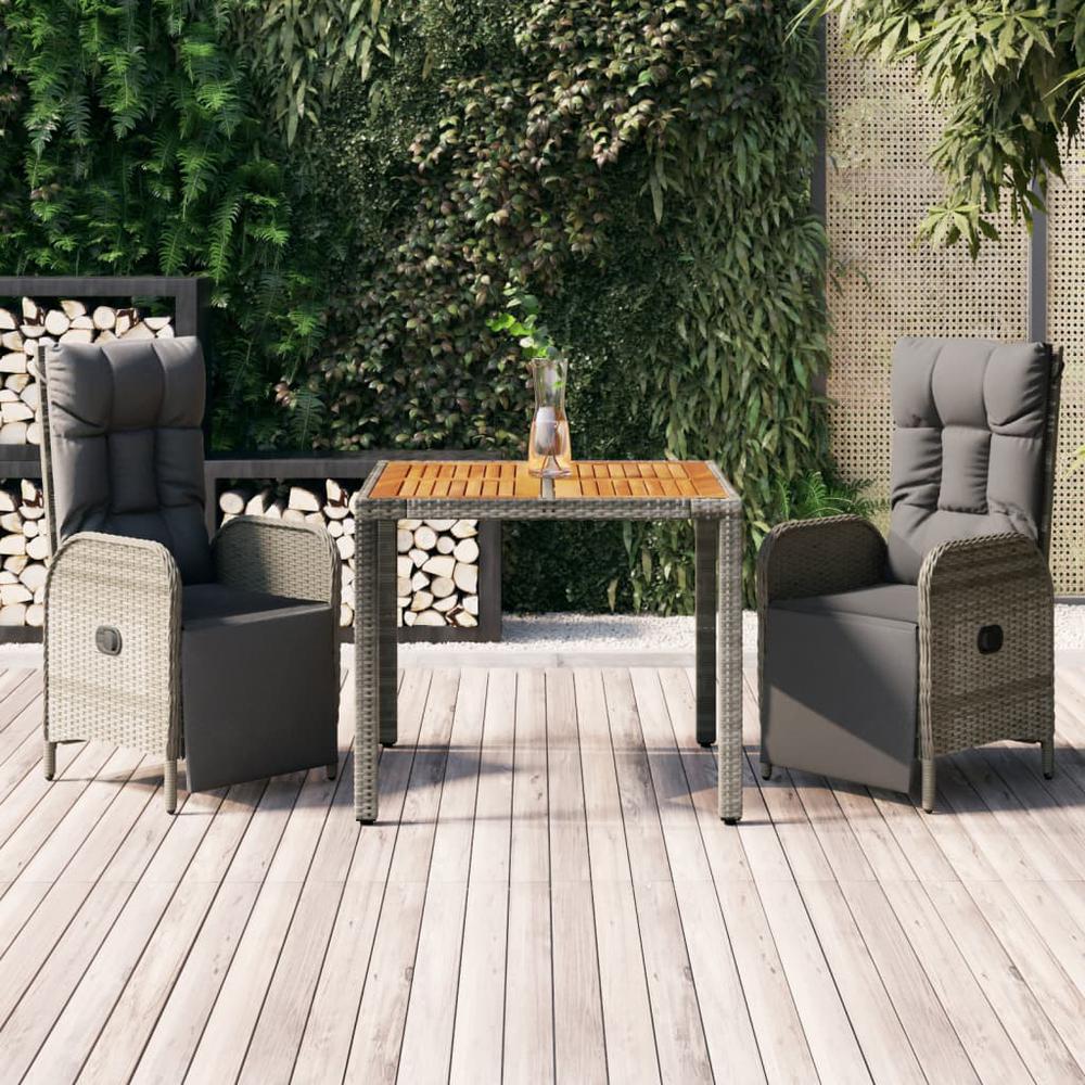 3 Piece Patio Dining Set with Cushions Gray Poly Rattan. Picture 11