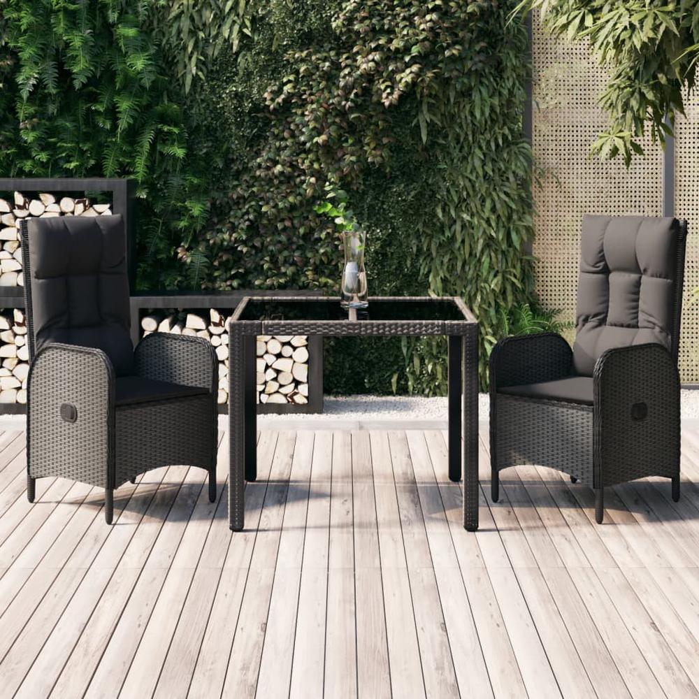 3 Piece Patio Dining Set with Cushions Black Poly Rattan. Picture 11