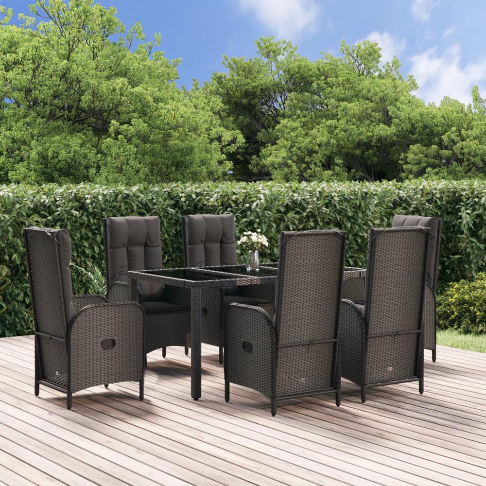 7 Piece Patio Dining Set with Cushions Black and Gray Poly Rattan. Picture 11