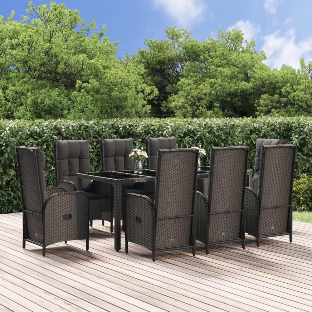 9 Piece Patio Dining Set with Cushions Black and Gray Poly Rattan. Picture 11