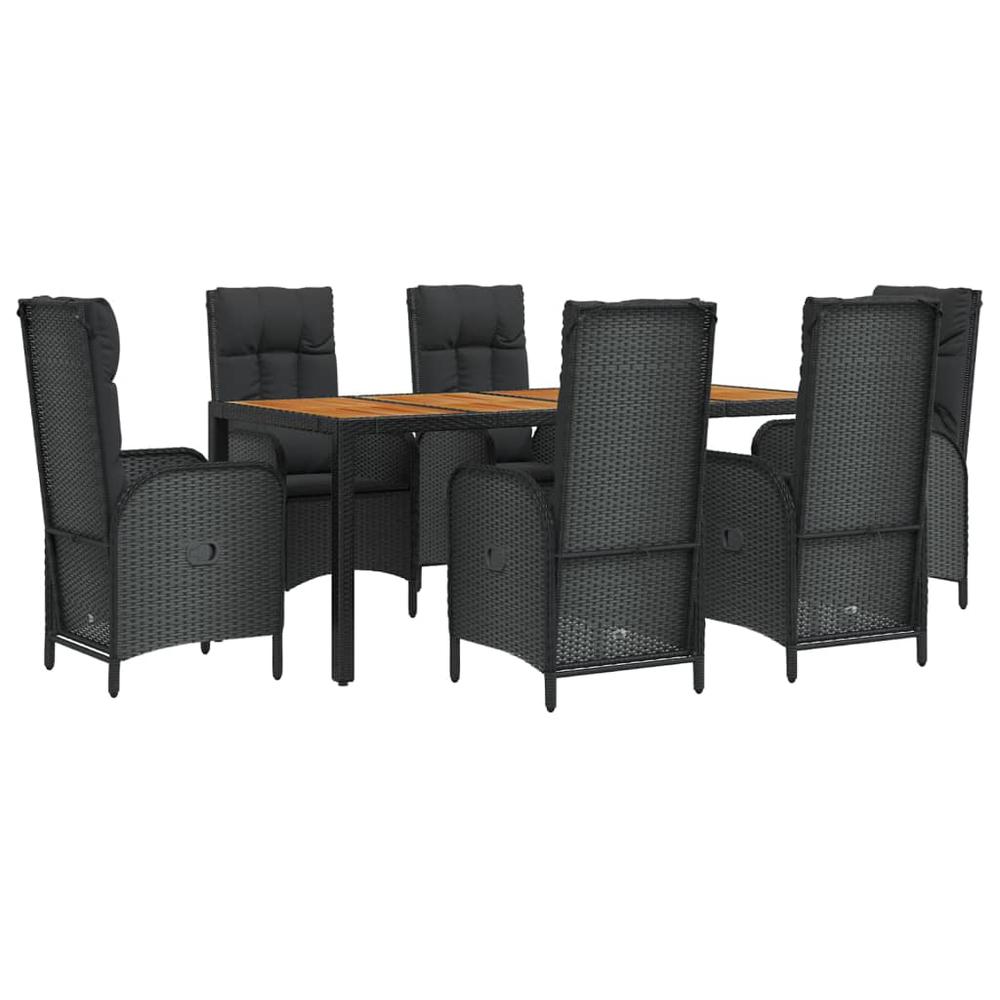 7 Piece Patio Dining Set with Cushions Black Poly Rattan. Picture 2