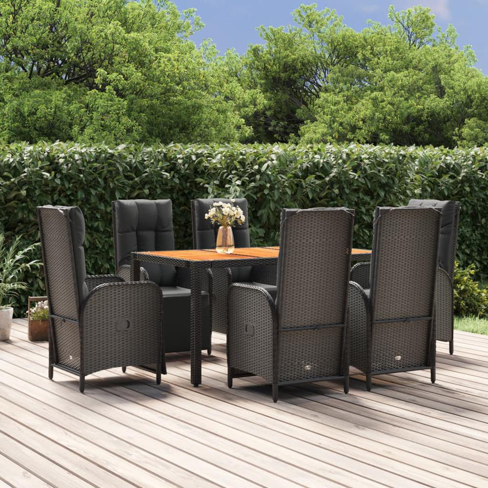 7 Piece Patio Dining Set with Cushions Black Poly Rattan. Picture 10