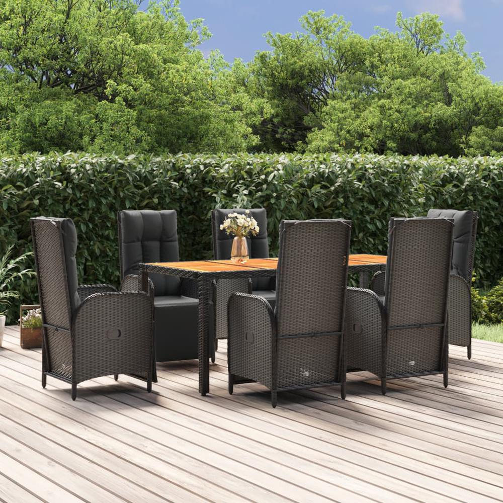 7 Piece Patio Dining Set with Cushions Black Poly Rattan. Picture 10