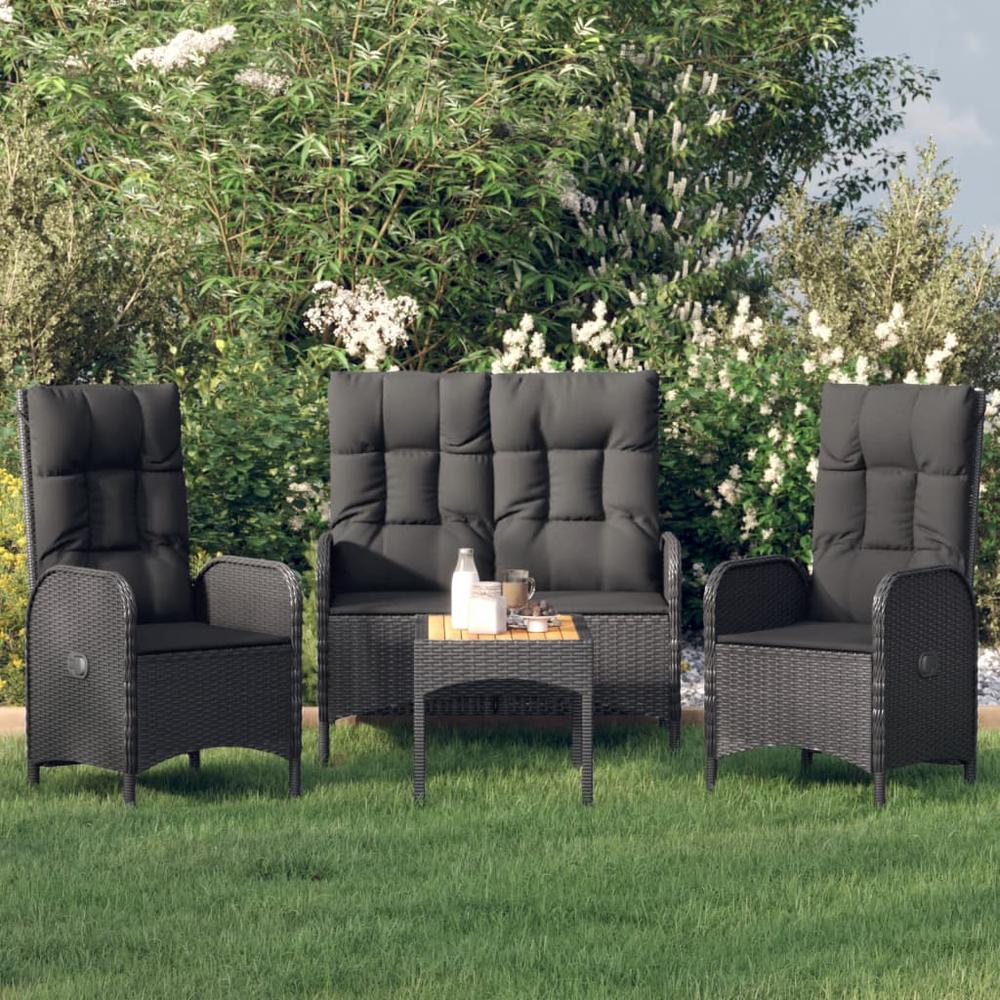 4 Piece Patio Dining Set with Cushions Black Poly Rattan. Picture 12