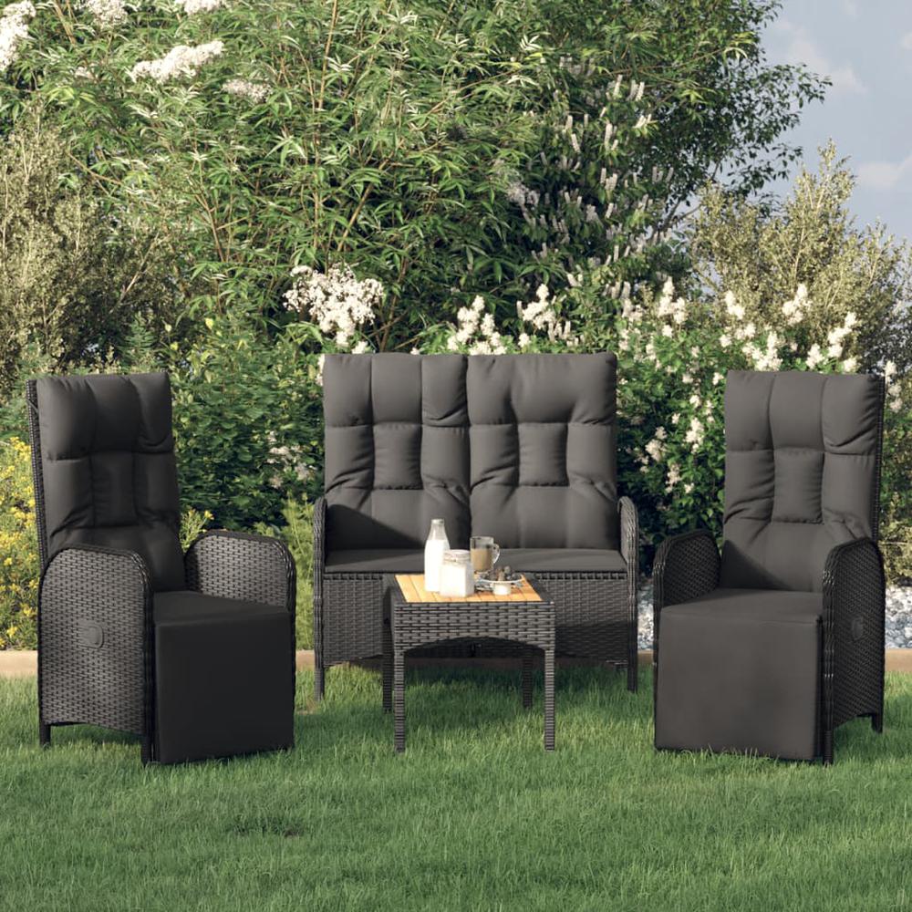 4 Piece Patio Dining Set with Cushions Black Poly Rattan. Picture 12