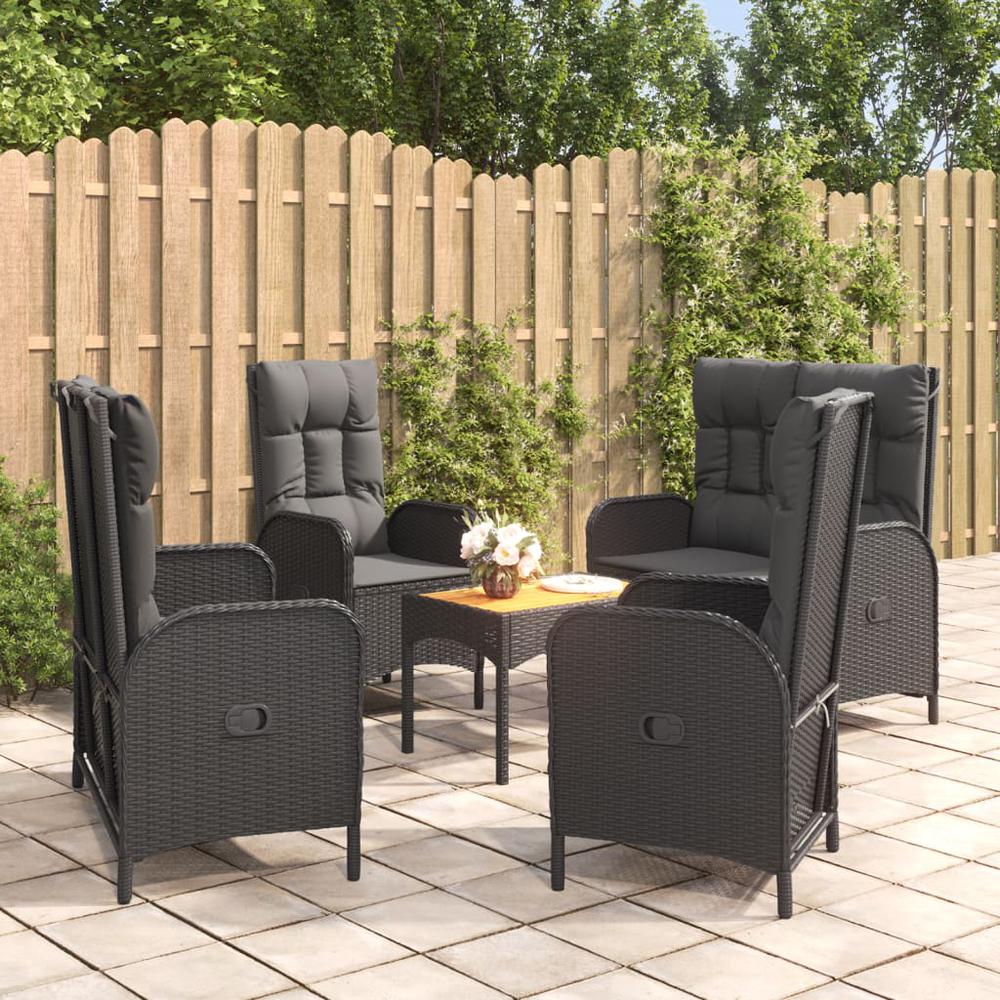 5 Piece Patio Dining Set with Cushions Black Poly Rattan. Picture 12