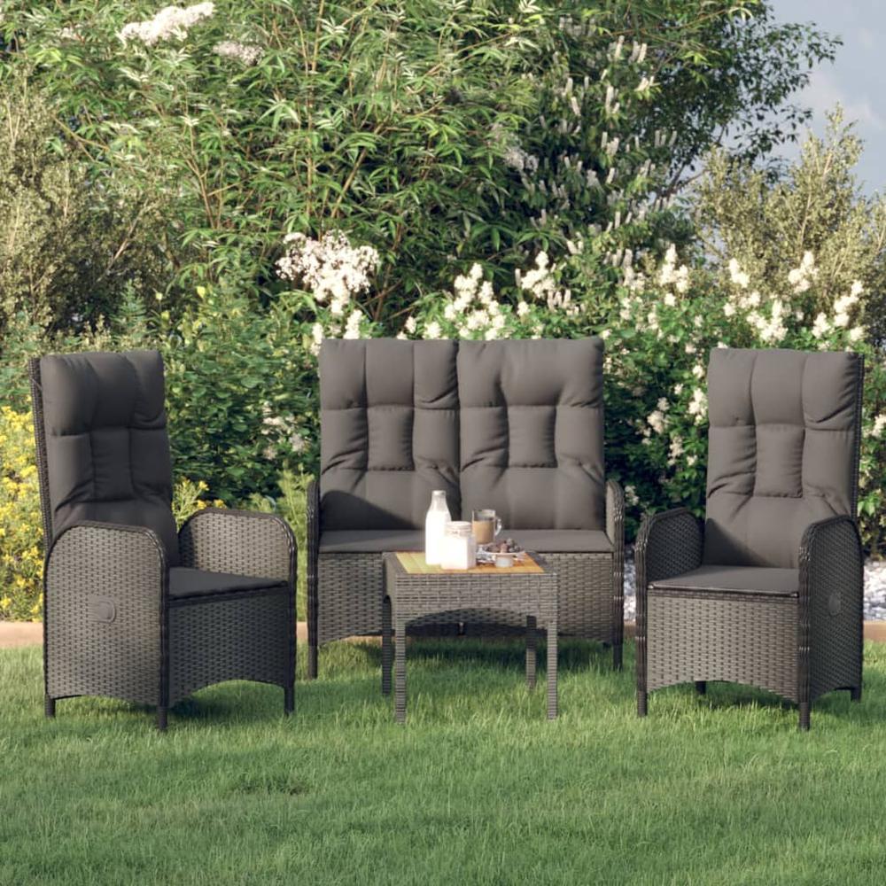 3 Piece Patio Dining Set with Cushions Black Poly Rattan. Picture 8