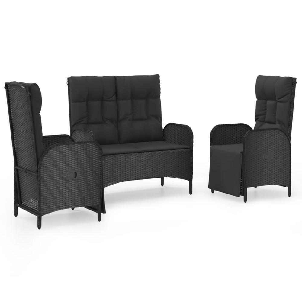 3 Piece Patio Dining Set with Cushions Black Poly Rattan. Picture 1