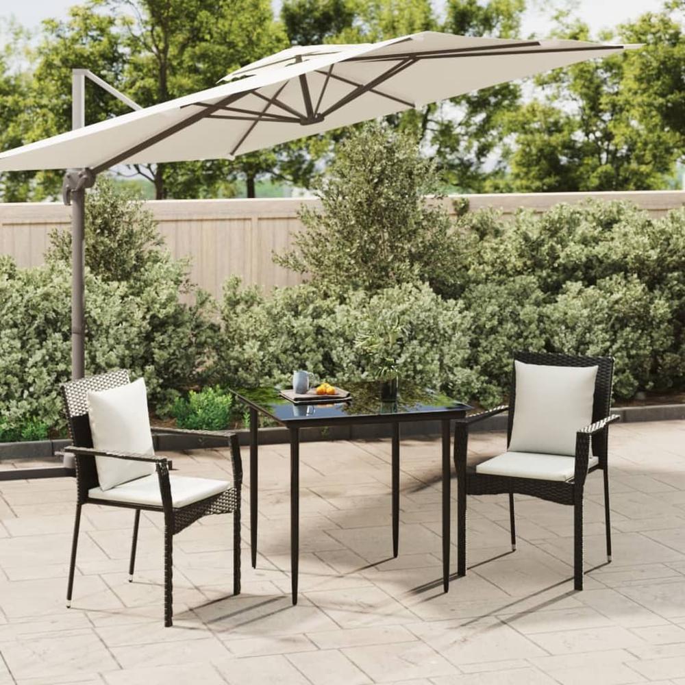 3 Piece Patio Dining Set with Cushions Black Poly Rattan. Picture 9