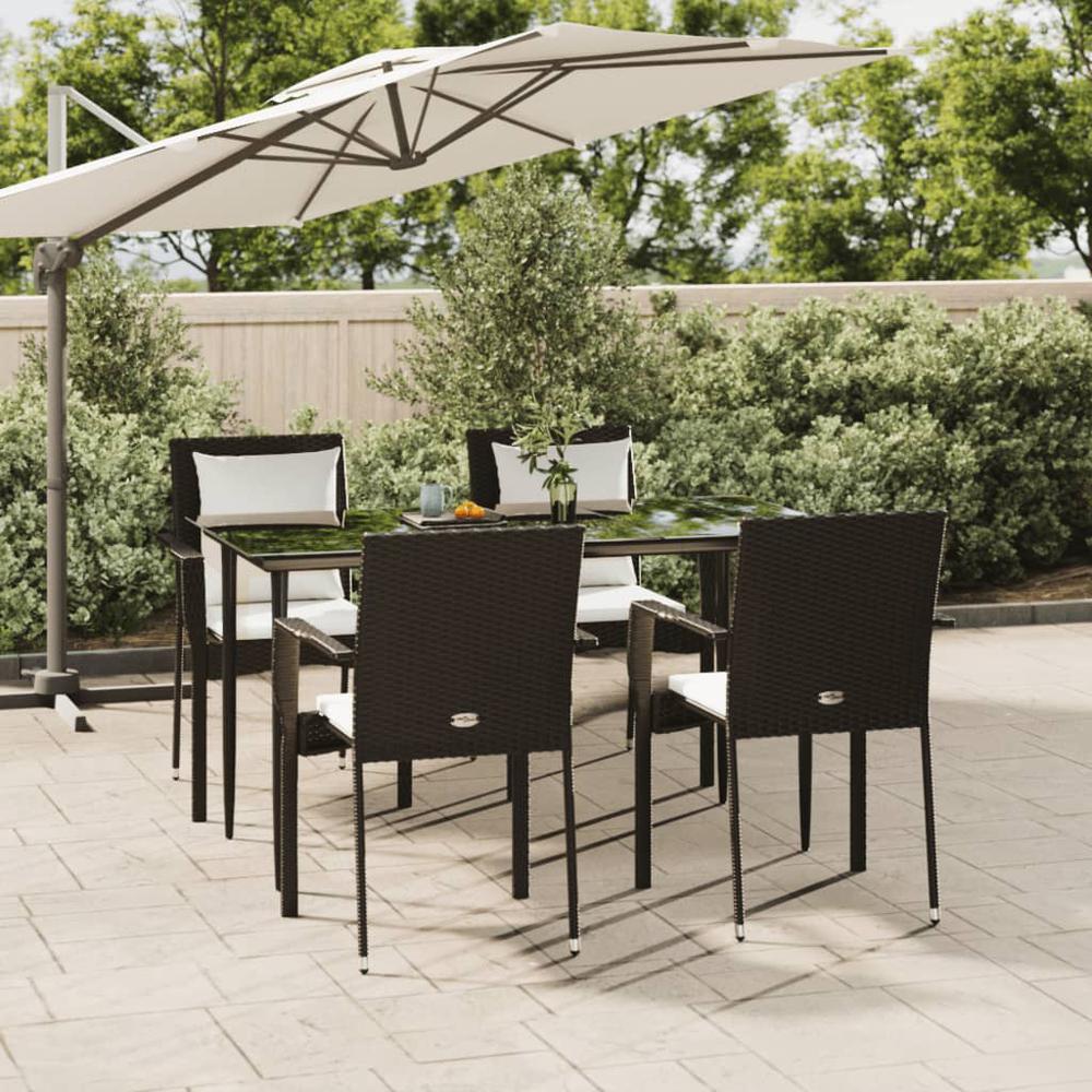 5 Piece Patio Dining Set with Cushions Black Poly Rattan. Picture 9