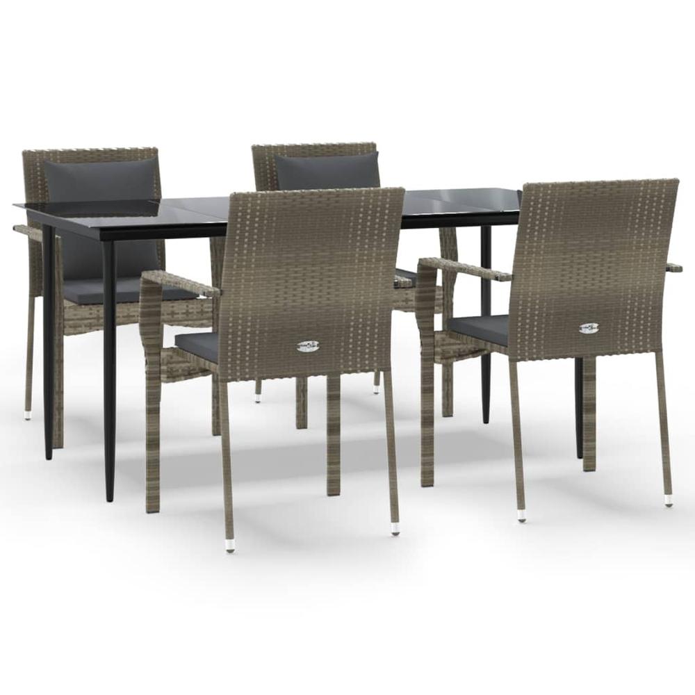 5 Piece Patio Dining Set with Cushions Black and Gray Poly Rattan. Picture 1