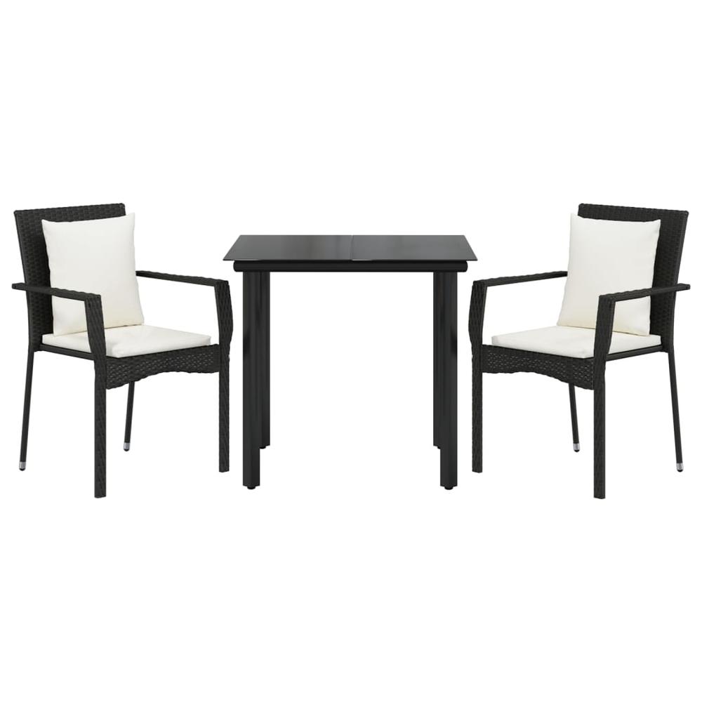 3 Piece Patio Dining Set with Cushions Black Poly Rattan. Picture 2