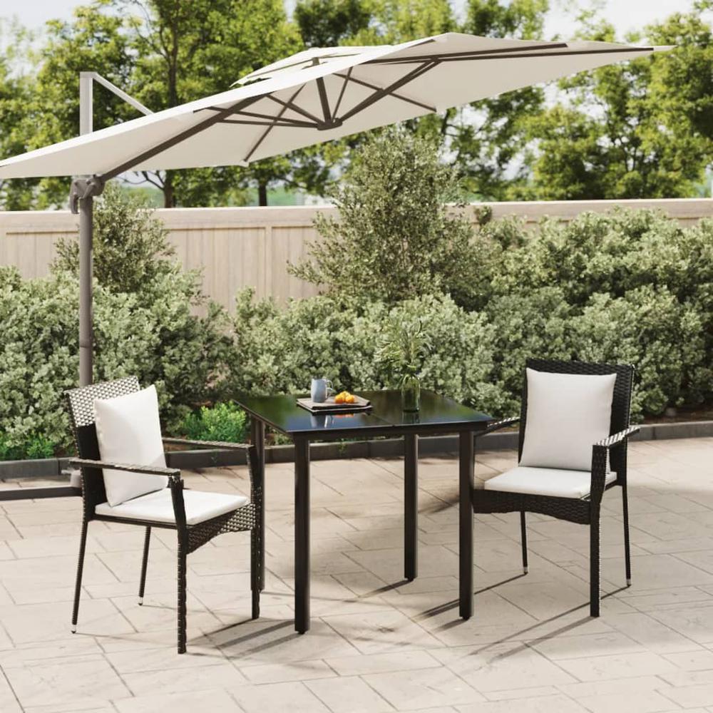 3 Piece Patio Dining Set with Cushions Black Poly Rattan. Picture 10