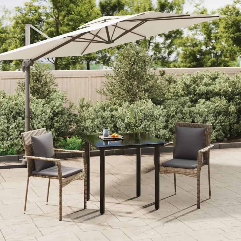 3 Piece Patio Dining Set with Cushions Black and Gray Poly Rattan. Picture 10