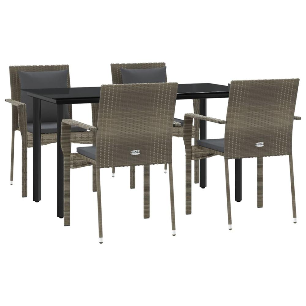 5 Piece Patio Dining Set with Cushions Black and Gray Poly Rattan. Picture 2