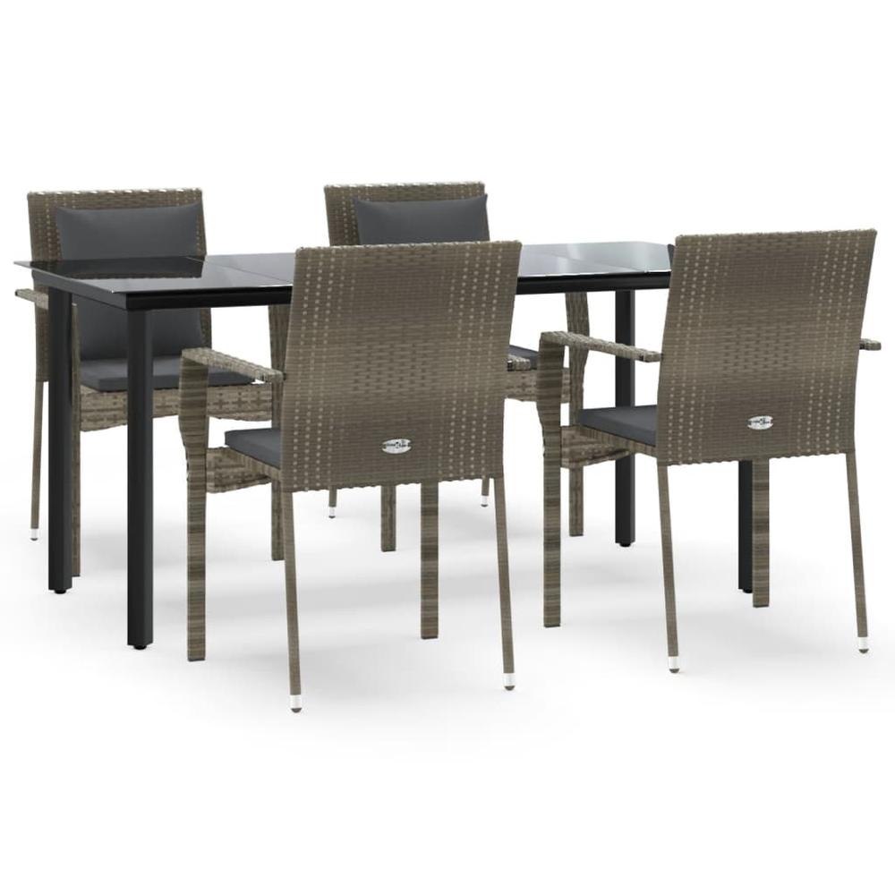 5 Piece Patio Dining Set with Cushions Black and Gray Poly Rattan. Picture 1