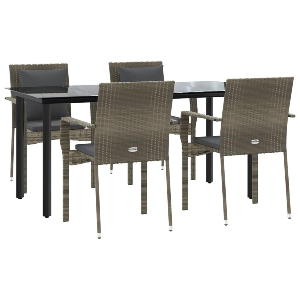 5 Piece Patio Dining Set with Cushions Black and Gray Poly Rattan. Picture 2