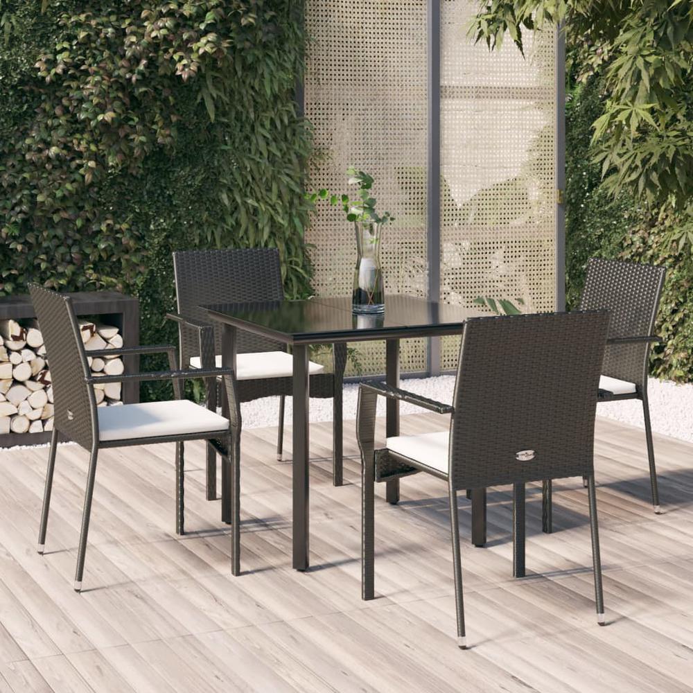 5 Piece Patio Dining Set with Cushions Black Poly Rattan. Picture 10