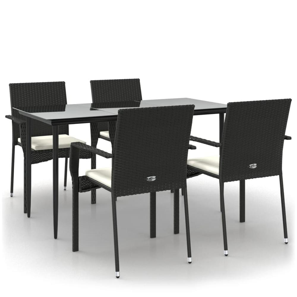 5 Piece Patio Dining Set with Cushions Black Poly Rattan. Picture 1