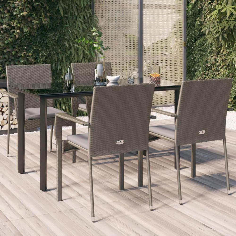 5 Piece Patio Dining Set with Cushions Black and Gray Poly Rattan. Picture 10