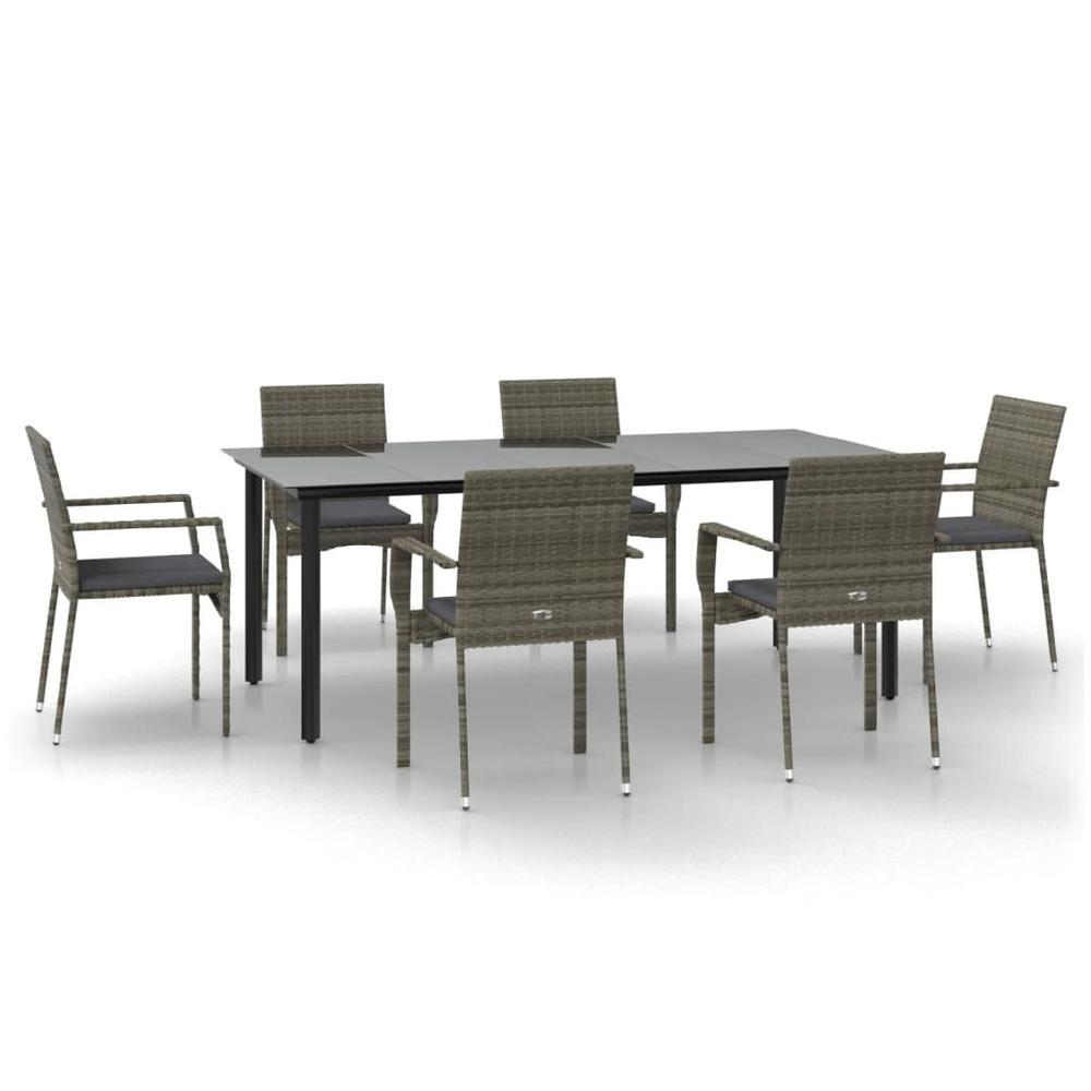 7 Piece Patio Dining Set with Cushions Black and Gray Poly Rattan. Picture 1