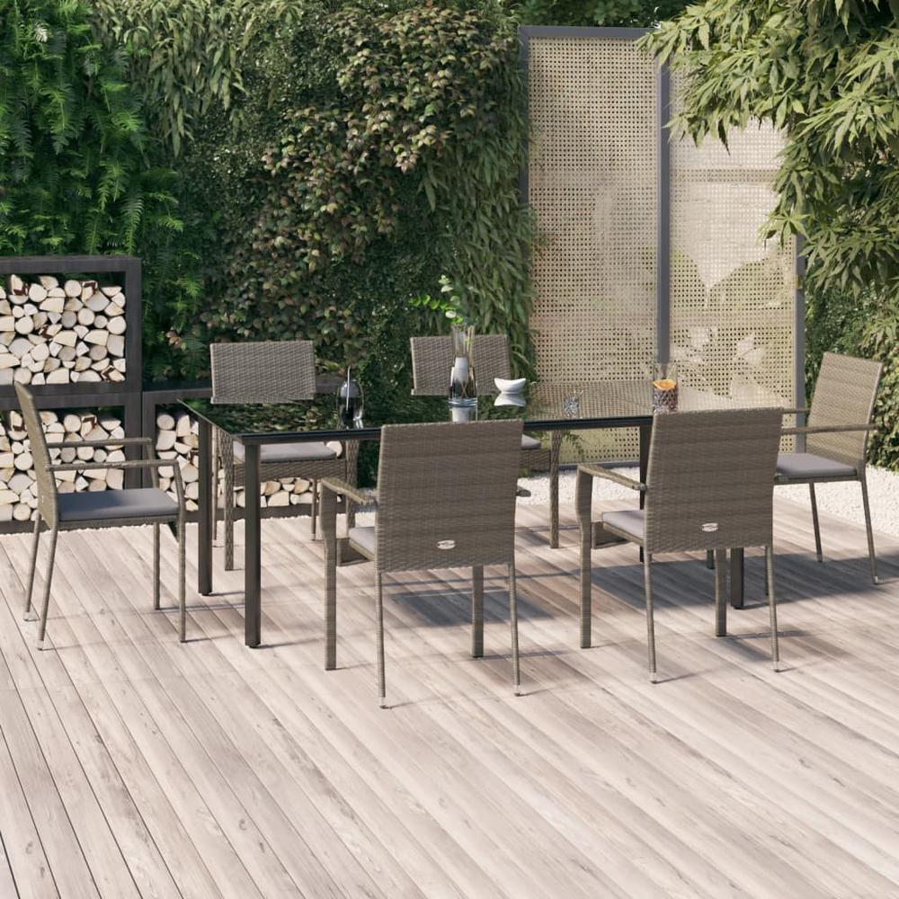 7 Piece Patio Dining Set with Cushions Black and Gray Poly Rattan. Picture 10