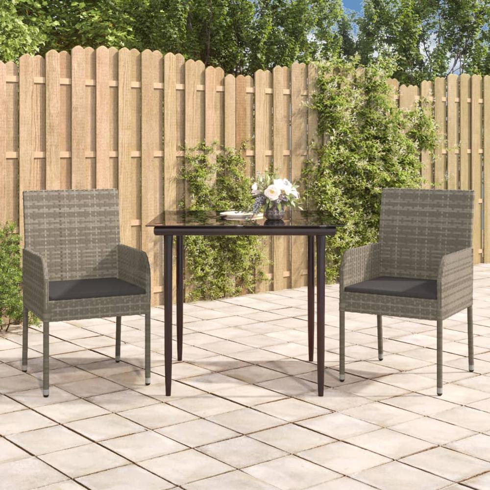 3 Piece Patio Dining Set with Cushions Black and Gray Poly Rattan. Picture 10
