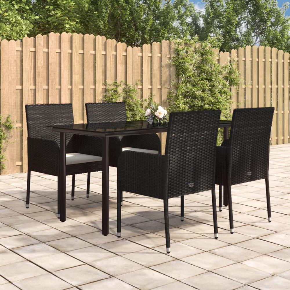 5 Piece Patio Dining Set with Cushions Black Poly Rattan. Picture 10